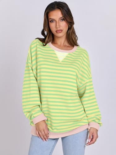 ANRABESS Women Striped Sweatshirts Oversized Crewneck Long Sleeve Shirts Y2K Pullover Top 2025 Fall Outfits Fashion Clothes Light Yellow Green Large - Image 2