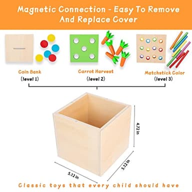 Adena Montessori 3 for 1 Wooden Montessori Play Kit Baby Toys,includes Matchstick Color Drop Game,Carrot Harvest Game and Coin Box,Learning Toy for Kid 1,2,3 Year Old,Girl Boy Gift for Baby 6-12 Month - Image 4