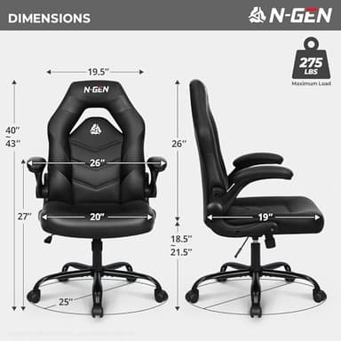 N-GEN Video Gaming Chair Ergonomic Computer Desk Office Chair with Lumbar Support Adjustable Height Swivel Wheels Flip-Up Arms PU Leather Home and Office (Black) - Image 3