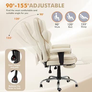 HOMREST 6-Point Massage Executive Chair,Heat Office Chair,Ergonomic Home Office Desk Chairs with Retractable Footrest and Reclining Function,Leather Computer Chair with Adjustable Armrest(Off White) - Image 5