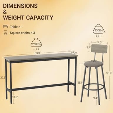 Elevon 63 in Long Bar Table Set with 3 PU Upholstered Bar Stools, Dining Table and Chair Sets, Industrial Tall Coffee Table and Back Chair for Kitchen, Living Room, Party Room, Small Space, Pub, Gray - Image 3