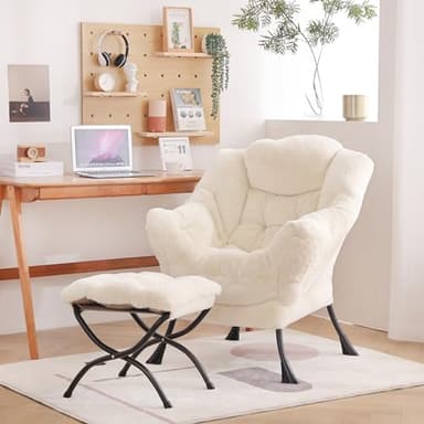 Welnow Lazy Chair with Ottoman, Modern Lounge Accent Chair with Armrests and a Side Pocket, Leisure Sofa Armchair, Reading Armchair with Footrest for Small Space, Plush Beige - Image 2