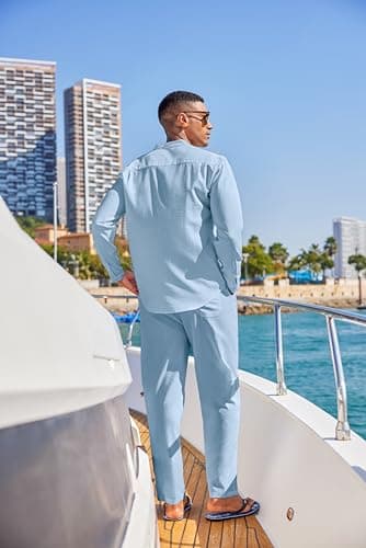 COOFANDY Men 2 Piece Linen Outfit Casual Button Down Henley Shirts Beach Yoga Pants Sets Guayabera Linen Suit - Image 4