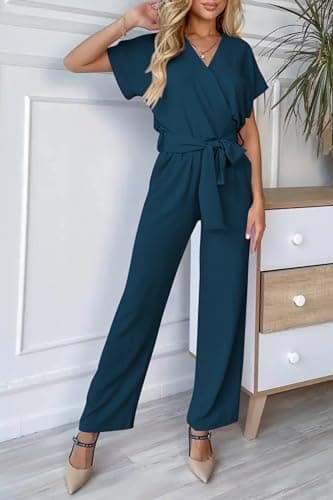 PRETTYGARDEN Women One Piece Outfits Casual Wrap V Neck Short Sleeve Pants Jumpsuits Rompers (Dark Blue,Large) - Image 5