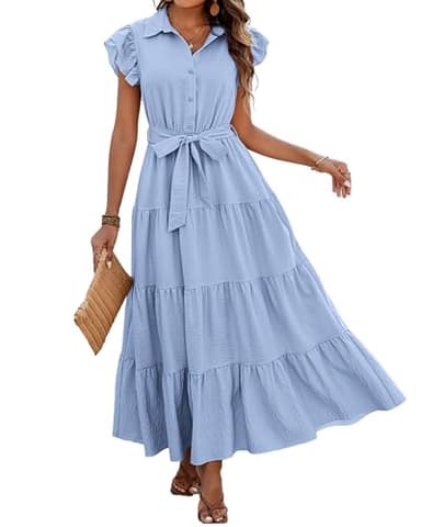dowerme Ladies Dress 2025 Ruffle Cap Sleeve Button Down V Neck Tie Waist Plain Pleated Tiered Boho Flowy A-Line Dresses(Sky Blue,Medium) - Image 1