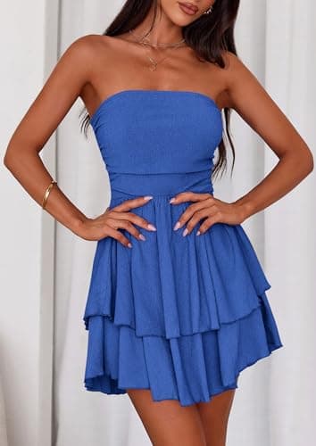 PRETTYGARDEN Women's 2025 Summer Strapless Tube Mini Dress Off Shoulder Smocked Ruffle A Line Flowy Short Party Club Dresses (Royal Blue,Small) - Image 3