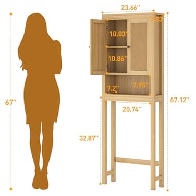 knoworld Rattan Over The Toilet Storage Cabinet, Above Toilet Bathroom Organizer with Adjustable Shelf, Behind Toilet Cabinet, Space Saver for Restroom, Bathroom, Laundry, Wood Rack, Natural - Image 2