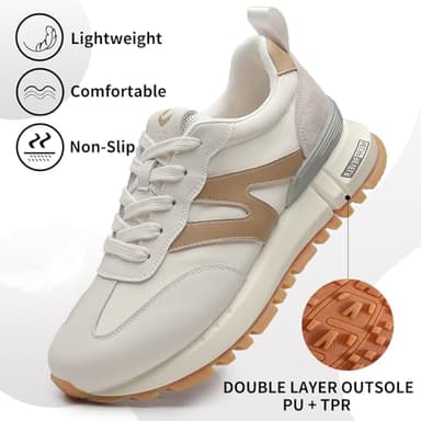 somiliss Sneakers for Women Genuine Leather Suede Patchwork Casual Lace Up Non-Slip Walking Shoes Comfortable Tennis Running Shoes Womens Fashion Sneakers Beige - Image 3