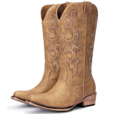 Choiran Tan Cowboy Boots for Women - Embroidered Cowgirl Boots Western Mid Calf Chunky Heel Pointed Toe Country Boot 7 - Image 1