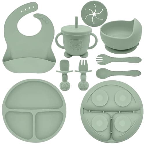 Munlinder Silicone Baby Feeding Set | Baby Led Weaning Supplies Includes Suction Bowls and Divided Plates, Adjustable Bib, Baby Utensils Spoons and Forks,Cup | Baby Feeding Essentials (Light Green) - Image 1