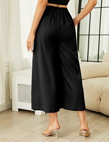 Hooever Women's Cotton Linen Culottes Pants Elastic Waist Wide Leg Palazzo Trousers Capri Pant (Black-XL) - Image 7