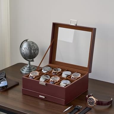 ProCase Watch Case, 8 Slot Mens Watch Box Holder Organizer with Glass Lid, 2-Layer Watches Display Case, Mens Jewelry Box with Drawer, Birthday Christmas Gifts for Men Women -8 Slot, Espresso - Image 7