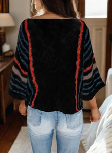 Dokotoo Womens Sweaters Casual Fall Winter 2025 Fashion Crewneck Color Block Striped Wide 3/4 Sleeve Tops Oversized Lightweight Comfy Cozy Cable Knit Trendy Pullover Sweaters Black 2XL - Image 2