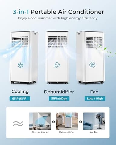 EUHOMY 8,000 BTU Portable Air Conditioners, 4-in-1 Portable AC Unit Up to 350 Sq.Ft, 4 Modes Quiet Air Conditioner with Remote Control, Cool, Fan, Dehumidifier, 24H Timer, Bedroom, Office, Apartments - Image 7