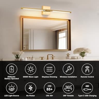 Morauroral Gold Battery Operated Wall Sconces, Dimmable Wall Sconces with Remote Control, Rechargeable Sconces Wall Lighting, 24″ LED Wireless Wall Lights for Bedroom, Living Room, Bathroom, Hallways - Image 3