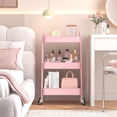 TOOLF 3-Tier Metal Rolling Cart with Wheels, Storage Utility Organizer Cart for Kitchen, Bathroom, Office, Baby Essentials & Makeup - Lockable Casters, Easy Assembly, Large Capacity, Pink - Image 5