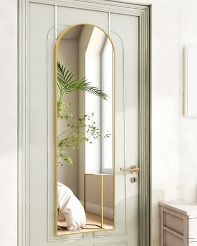 KOMCOTE Full Length Mirror 48x14 Inches - Over The Door Hanging Mirror for Bedroom, Living Room, Closet - Arch Floor Mirror, Door Mirror with Gold Frame - No Drill Easy Install - Image 1
