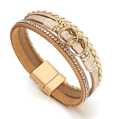 Leopard Bracelet for Women, Boho Leather Wrap Multi-Layer Pearl Crystal Bracelet Bangle Jewelry (Double Circle(Khaki)) - Image 2