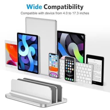 OMOTON Vertical Laptop Stand [Updated Double Version], Desktop Aluminum Mac Book Stand with Adjustable Dock Size, Fits All Mac Book, Surface, Chrome Book and Gaming Laptops (Up to 17.3 inch) (Silver) - Image 3