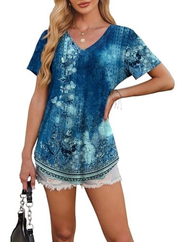 OFEEFAN Womens Tops Dressy Casual V Neck Short Sleeve Cute Tie Dye Plus Size T Shirts 2025 Summer Flowy Basic Tees Beach Vacation Outfits for Women Clothes Blue 3XL - Image 4