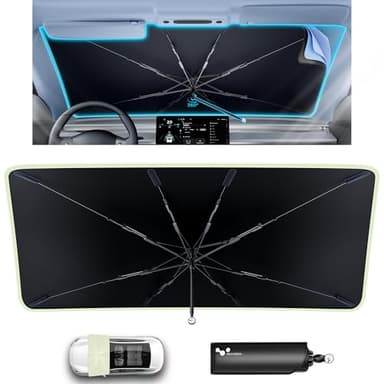 helloleiboo [2025 Upgraded] Car Windshield Sun Shade Umbrella 57"x 32" Windshield Sun Shade Foldable 5-Layer Thickened Vinyl Coating Reflective Polyester Blocks Heat & UV Rays for Medium Car Sedans - Image 1