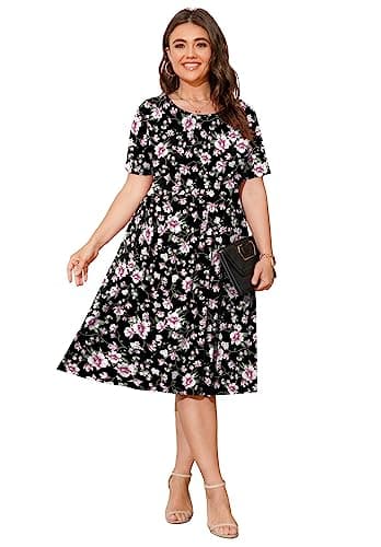 POSESHE Womens Plus Size Dress Summer Short Sleeve Casual 2024 Round Neck Dress with Pockets,Black Pink Floral,2XL - Image 2