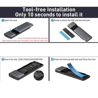 M.2 NVMe SATA SSD Enclosure Adapter Tool-Free,Sokiwi USB 3.2 Gen2 10Gbps External to USB PCI-E 6Gbps SATA M-Key / B+M Key, NVMe Reader Support UASP Trim for SSDs 2230/2242/2260/2280 - Image 6
