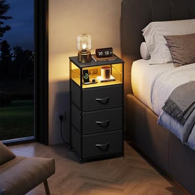 WLIVE LED Nightstand with Charging Station, Black Night Stand with 3 Fabric Drawers and Storage Shelf, Small Dresser for Small Space, 31.9" H Bedside Table with USB Ports and Outlets for Bedroom - Image 2