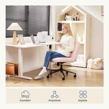 DUMOS Criss Cross Chair with Wheels, Legged Office Armless Wide Desk Seat with Dual-Purpose Base, Adjustable Swivel Teddy Fabric Task Vanity Home Bedroom, Pink - Image 7