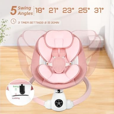Uuoeebb Baby Swing for Infants, Portable Electric Baby Swings with Bluetooth, 5 Swing Speed, 10 Lullabies, 5-Point Harness, Remote Control & Touch Panel - Infant Swing for Indoor & Outdoor Use, Pink - Image 3