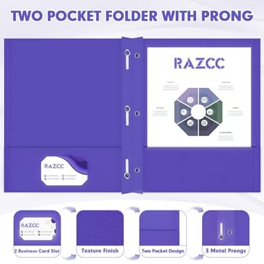 Two Pocket Folders, RAZCC 75 Pack Two Pocket Folders with Prongs, 3 Prong Folders Fit Letter Size Paper, Pocket File Folders for School Office Home Business, Purple - Image 4