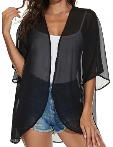 Women Summer Tops Kimono Cardigans Sheer Beach Cover Ups Chiffon Open Front Shirts （Black,L - Image 2
