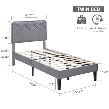 VECELO Twin Size Bed Frame, Velvet Upholstered Platform with Adjustable Headboard, Mattress Foundation with Solid Wood Slats, No Box Spring Needed, Easy Assembly - Image 2