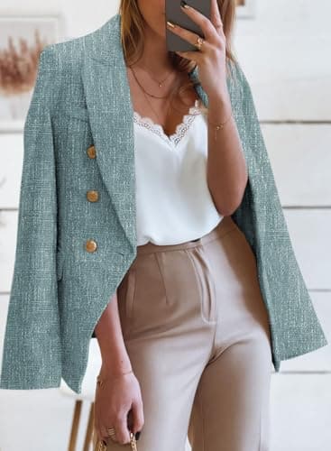 Happy Sailed Business Casual Blazer Jackets for Women Long Sleeve Double Breasted Tweed Blazers Formal Lapel Collar Open Front Office Professional Jackets Work Suits Blue Large - Image 2