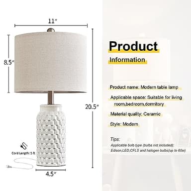 USumkky 20.5" White Modern Ceramic Bedside Lamp Set of 2 for Bedroom Decor Farmhouse Table Lamp for Living Room Office Dorm - Image 3