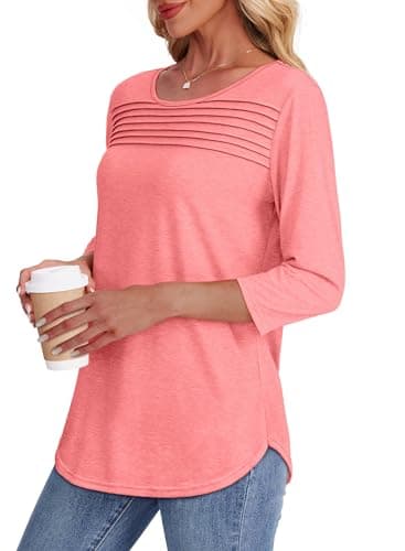 Womens Tops Dressy Casual School Outfits for Teachers Spring Summer 3/4 Length Sleeve Plus Size Women Blouses Business Work Tshirts Shirts Beach Fashion Coral 2XL - Image 4