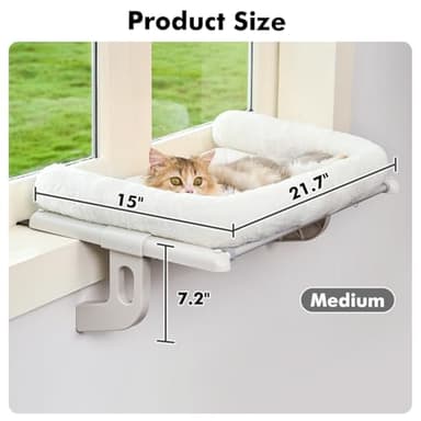 Zoratoo Cat Window Sill Perch with Large Bolster, Easy to Adjust & Assemble Cat Window Seat for Windowsill & Bedside, Pet Hammock Bed for Large Cats and Kittens (White, M) - Image 5