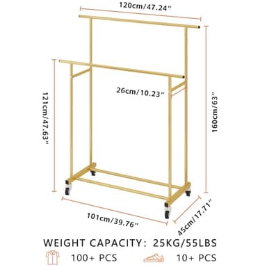 Calmootey Double Rod Clothing Garment Rack,Rolling Hanging Clothes Rack,Portable Clothes Organizer for Bedroom,Living Room,Clothing Store,Gold - Image 3