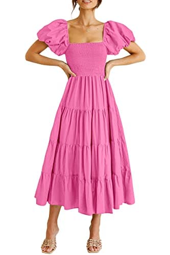 PRETTYGARDEN Women's Casual Summer Midi Dress Puffy Short Sleeve Square Neck Smocked Tiered Ruffle Dresses (Rose Pink,Medium) - Image 1