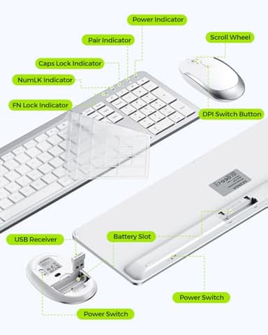 Wireless Keyboard and Mouse Combo - Full Size Slim Thin Wireless Keyboard Mouse with Numeric Keypad 2.4G Stable Connection Adjustable DPI (White & Silver) - Image 6