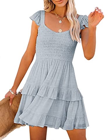 Women Summer Dresses Casual Boho Smocked Ruffles Sun Beach Babydoll Mini Dress Layered Flowy Swing Casaul Dress A-Blue - Image 1
