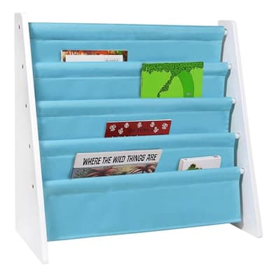 Wildkin Wooden Sling Bookshelf for Kids – Premium Canvas Design with 4 Fabric Shelves, Organizer for Home or Classroom - White w/Aqua - Image 1
