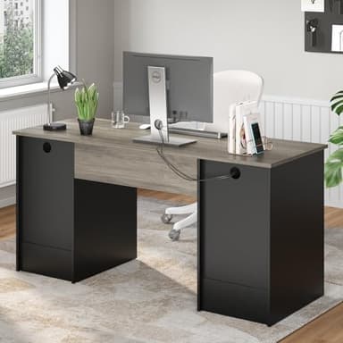 Bestier 59” Executive Desk with 2 Drawers, Computer Desk with Storage Cabinet, Industrial Wood Desk with File Drawer, Keyboard Tray & 2 Pedestals for Home Office & Studio, Gray - Image 8