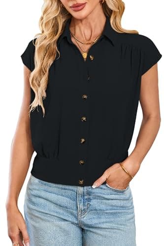Cakulo Womens Summer Short Sleeve Button Down Shirts 2025 Dressy Casual Polo V Neck Collared Blouses Tops Black XL - Image 1