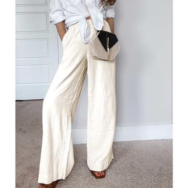 Duyang Womens Cotton Linen Palazzo Pants Drawstring Elastic Waist Casual Wide Leg Trousers with Pockets(Apricot,S) - Image 6