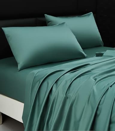 Arianaut Queen Sheet Set Green 100% Egyptian Cotton Satin Sheets 1000 Thread Count Luxury Hotel Quality Deep Pocket Queen Sheets Soft Silky Cooling Queen Size Bed Set 4PC Green - Image 3