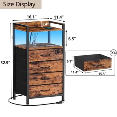 Furnulem Night Stand with Charging Station and Led Light, 4 Drawer Dresser for Bedroom, Small Nightstand Bedside Table, Fabric Bins, Metal Frame, Wood Shelf, Side Furniture(Rustic Brown) - Image 3