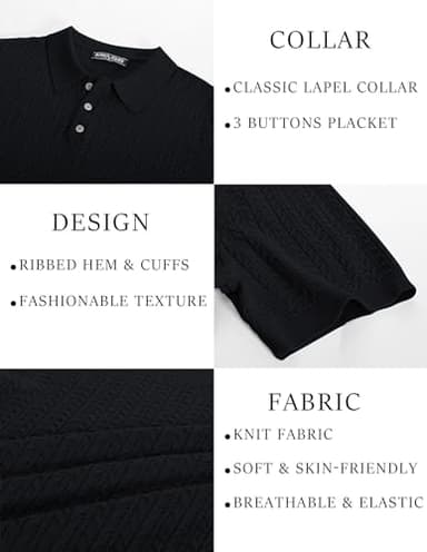 PJ PAUL JONES Mens Knit Polo Shirt Casual Short Sleeve Knit Polo Lightweight Textured Knitted Polo Black - Image 5