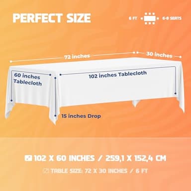 WEALUXE White Table Cloths for 6 Foot Rectangle Tables, 2-Pack, 60x102 inches, Water, Stain and Wrinkle Resistant, 200 GSM Washable Poly Fabric Tablecloths Rectangular, Elegant and Durable - Image 2