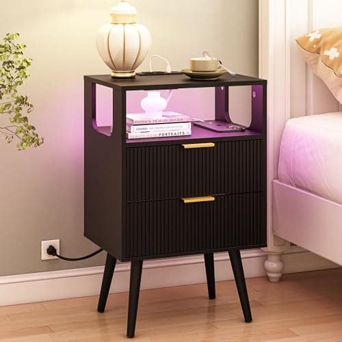 JOONEE Black Nightstand with Charging Station and LED Lights,Modern Bedside Table with 2 Storage Drawer and Open Wood Shelf, for Bedroom and Small Spaces,Night Stand with Solid Wood Legs,Black - Image 1